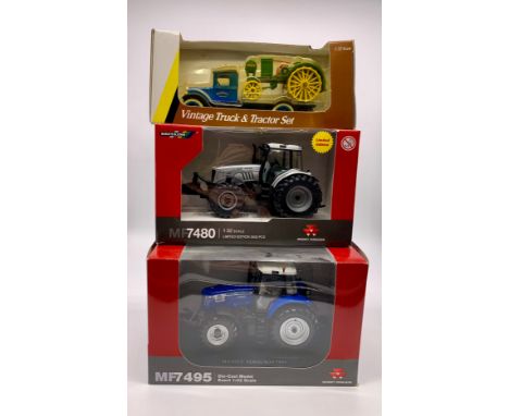 Three die cast collectors Tractors and 2 x metal tractors.Massey Ferguson 7495, 1:32 scale.Massey Ferguson 7480, 1:32 scale, 