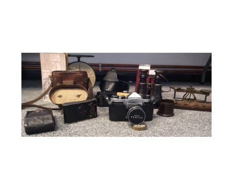 Varied lot of collectables to include Pentax Camera,, binoculars, scales, 1902 indicateur desk Telegraph booklet and Two box 