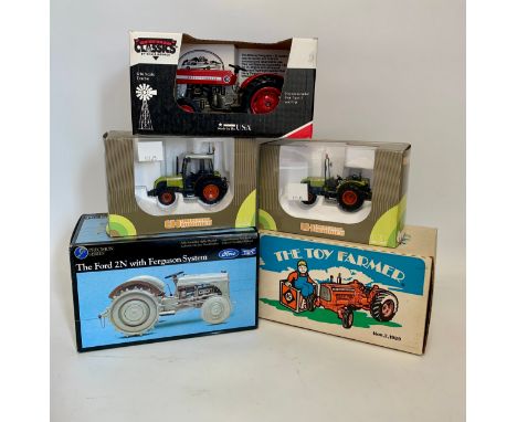 5 die cast collectors tractors.Massey Ferguson 135, 1/16 scale.2 x Universal Hobbies CLAAS tractors, 1/32 scale.The Ford 2N w