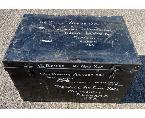Large military metal trunk, Wing Commander Armiger. RAF. U.S.A containing vintage curtains and linen
