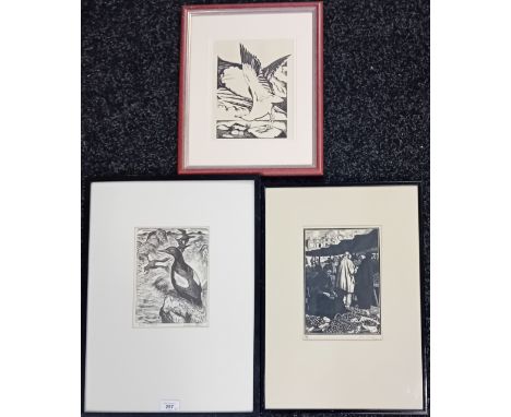 3 Artworks;Elinor K Lambert  - Woodcut titled Market day at Les Andelys'' dated 1924, signed.Block print titled ''Black Guill