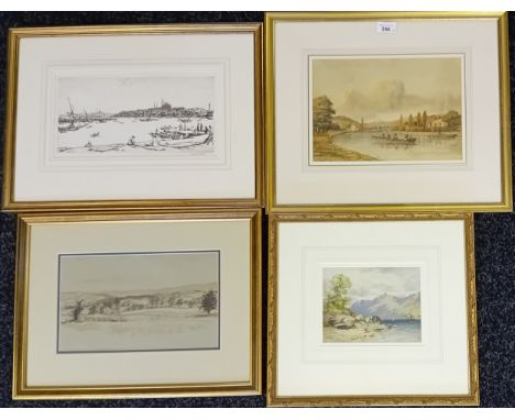 4 Artworks;Muirhead Bone - Etching, signed.Watercolour - Riverscape unsigned.Thomson - Watercolour, landscape, signed.Waterco