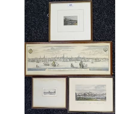4 Artworks;Coloured printed engraving ''Amsterdam'', dated 1643.Coloured Engraving titled ''Haddon Hall, Derbyshire.Fawn - Sm