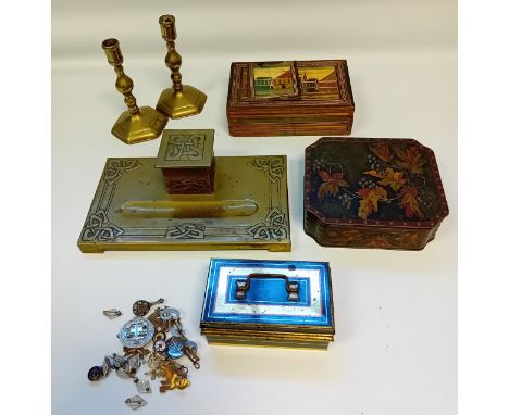 Box of Brassware to include inkwell, candlestick, pin badges, decorative vintage boxes.