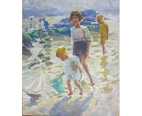 After Dorothea Sharp (1873-1955)Oil on canvas ''Children Playing on the Beach'', unsigned. (Modern)[79x70cm]