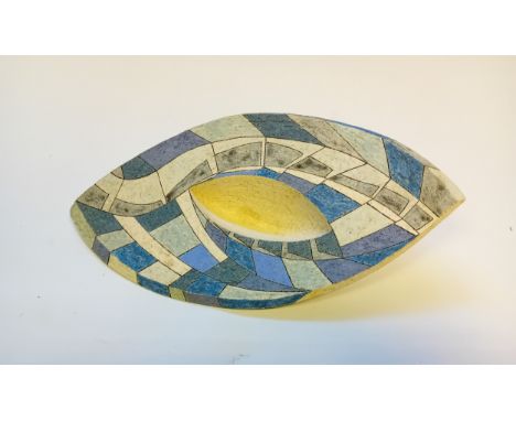 Contemporary Ceramic Dish, navette shape and with geometric design around the recessed bowl, indistinctly signed to the rear