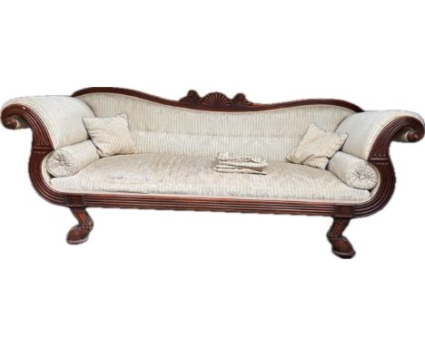 Late George III Mahogany and Rosewood 'Grecian' Sofa, Early 19th Century, The serpentine back centred by an oval panel carved