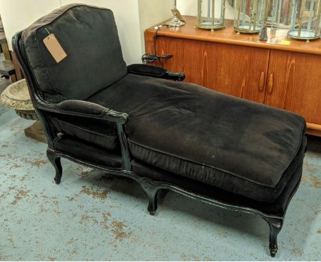 DAYBED, 70cm W x 98cm H x 143cm L, with a caned fautier style back and arms in black velvet. 