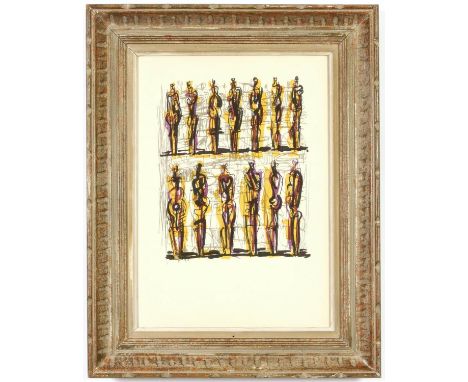 HENRY MOORE, Thirteen Standing Figures, lithograph, bears a Henry Moore watermark, 1958, vintage French Montparnasse frame, 4