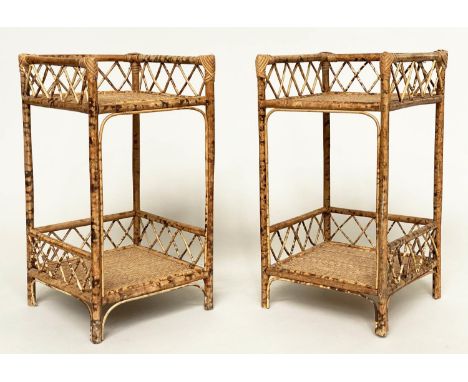 BAMBOO LAMP TABLES, a pair, woven cane panelled each with two tiers, 31cm x 31cm x 56cm. (2) 