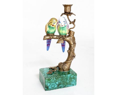 PARROT CANDLESTICK, Continental style painted porcelain, parrots on a branch, with gilt metal mounts, 31cm H. 