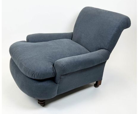 HOWARD STYLE ARMCHAIR, 77cm H x 89cm W x 112cm D, Victorian in blue fabric on ceramic castors. 