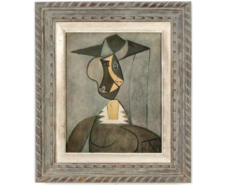 PABLO PICASSO, Woman in Hat, off set lithograph, vintage French distressed frame, 26.5cm x 21.5cm. 