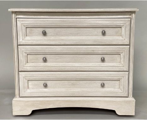 COMMODE, French style grey painted with three long drawers, 44cm D x 82cm W x 74cm H. 