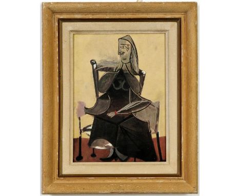 PABLO PICASSO, Seated Woman, off set lithograph, signed in the plate, French vintage frame,26cm x 18.5cm. (Subject to ARR - s