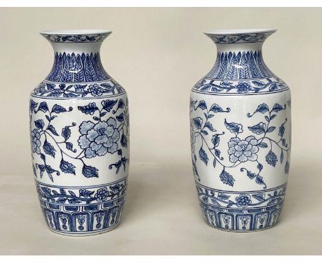 TEMPLE VASES, a pair, Chinese blue and white ceramic peonies and fern collar, 45cm H. (2) 