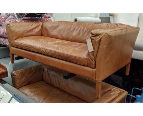 SOFA, 177cm W x 64cm H x 79cm D, in a brown leather in a mid 20th century Danish inspired style. 