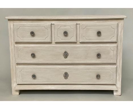 COMMODE by Grange, French Provincial style traditionally grey painted solid oak with three long panelled drawers and stile su