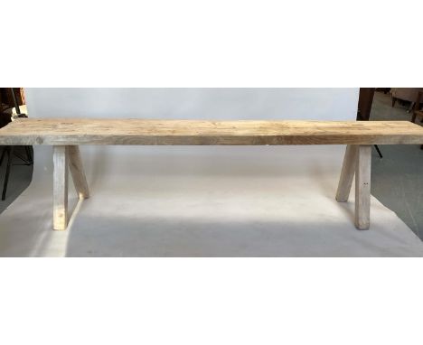 BENCH, 268cm W x 61cm H x 45cm D, 19th century French Provincial pine, rectangular thick top with splay supports. 