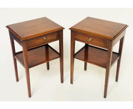 LAMP TABLES, a pair, Georgian style mahogany and crossbanded each with drawer and undertier, 40cm W x 34cm D x 62cm H. (2) 