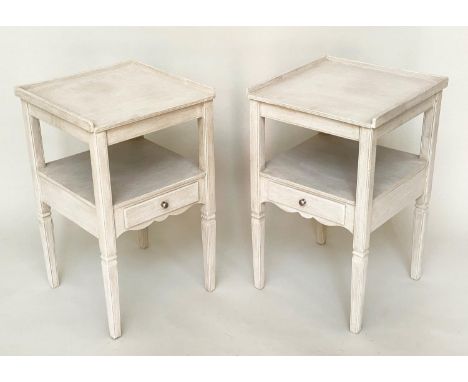 LAMP TABLES, a pair, French style traditionally grey painted each with gallery top and undertier drawer, 40cm x 40cm x 66cm H