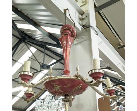 CHANDELIER, vintage 1950s, painted metal with bird detail, five branch, 80cm drop. 