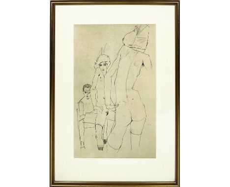 EGON SCHIELE (1890-1918) 'Schiele with nude model before the mirror, 1910', lithograph, 48cm x 30cm, framed. 
