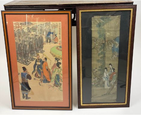 CHINESE SILK PAINTING, depicting ladies in a garden scene along with a print of the Emperor inspecting the Terracotta Army. (