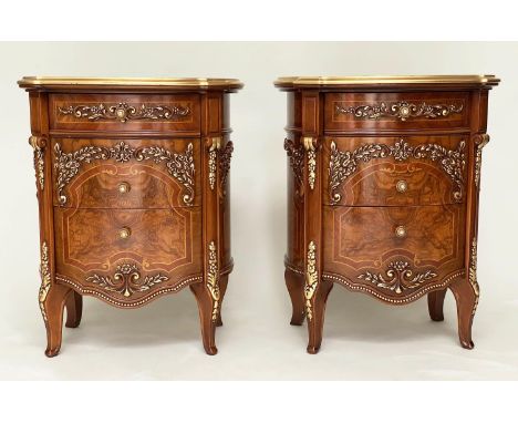 LAMP/BEDSIDE TABLES BY BARNINI OSEO, a pair, burr walnut elm veneered and gilt mounted each with three drawers, 64cm W x 75cm