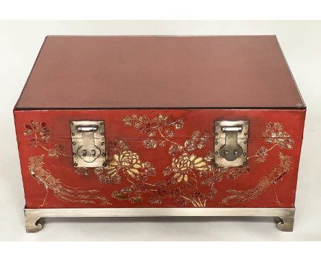 LOW TABLE, mid 20th century Chinese lacquered trunk, silvered metal mounted with stand and glazed top, 82cm x 55cm D x 46cm H