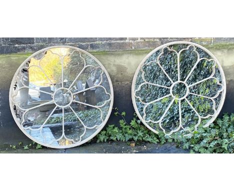 ARCHITECTURAL CIRCULAR GARDEN WALL MIRRORS, a pair, regency style, painted metal frames, 80cm x 80cm. 