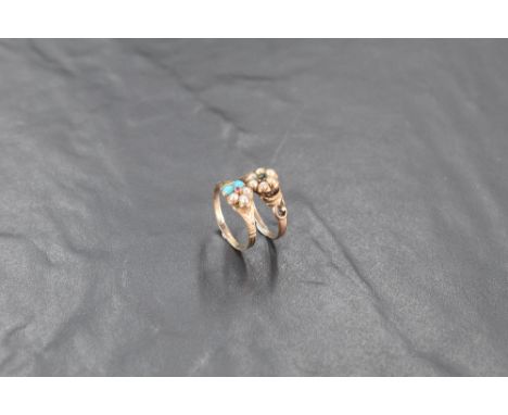 Two antique cluster rings having seed pearl and turquoise decoration with ruby and tourmaline centres, no marks but presumed 