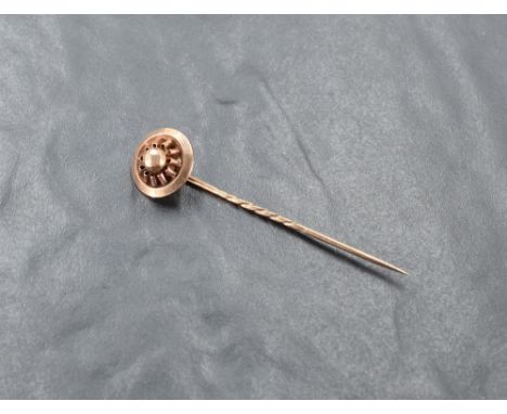 A rose gold coloured short hat/stick pin, no marks, probably 9ct rose gold, approx 2.8g