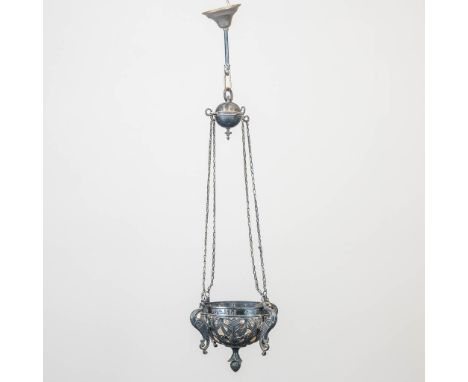 A neogothic 'Eternal light' made of silver-plated metal. With inscirption: 'belli tutela in perculis - Protection for the dan