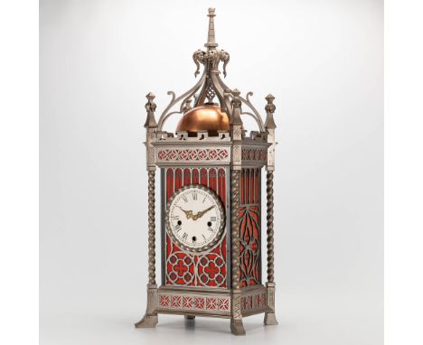 A clock made of metal in neogothic style with 9 bells, 20th century. (23 x 30 x 76 cm)