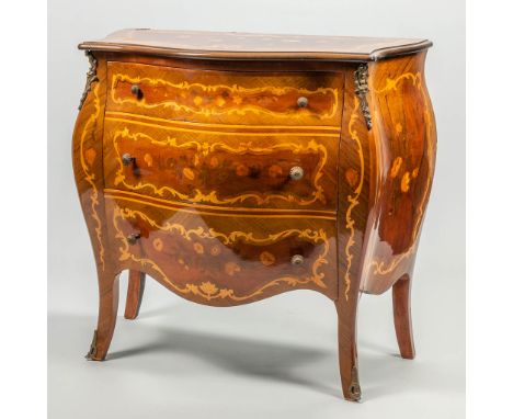 A commode with 3 drawers and finished with marquetry inlay. The second half of the 20th century. (43 x 83 x 80 cm)