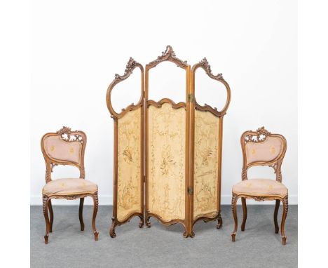 A room divider made in Louis XV style and finished with fabric and glass with 2 matching chairs. The first half of the 20th c