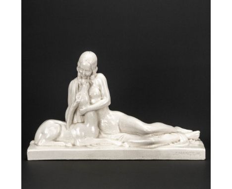 Charles LEMANCEAU (1905-1980) a ceramic art deco statue of a lady with a deer. (13 x 47 x 29 cm)