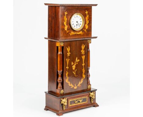 A table clock made of marquetry inlay, 19th century clock in a 20th century case. (17,5 x 34 x 73 cm)