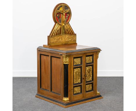 A Chruch tabernacle made of wood, with a corpus, PX Alfa Omega, IHS and images of angels, grapes and grape vines. Insided fin