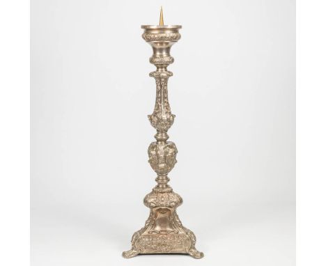 A large candlestick made of silver plated copper. The first half of the 20th century. (37 x 37 x 110 cm)