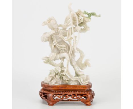 A Chinese Jade sculptured statue of an Archer with bow, standing on a wood base. (5 x 14 x 18 cm)