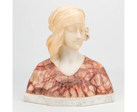 Auguste Henri CARLI (1868-1930) a buste made of red and white alabaster in art deco style. (16 x 35 x 36 cm)
