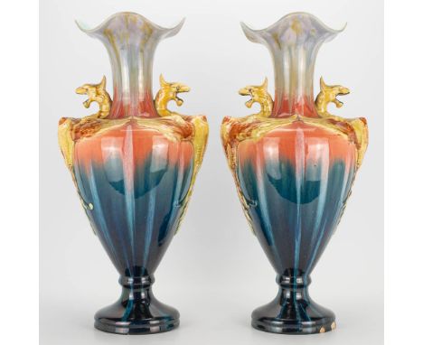 A pair of faience vases with dragon figurines in the style of Jerome / Delphin Massier. Probably France, The first half of th