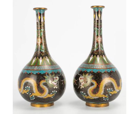 A pair of cloisonne display vases with dragons, the first half of the 20th century. Condition: dent and light loss of enamel.