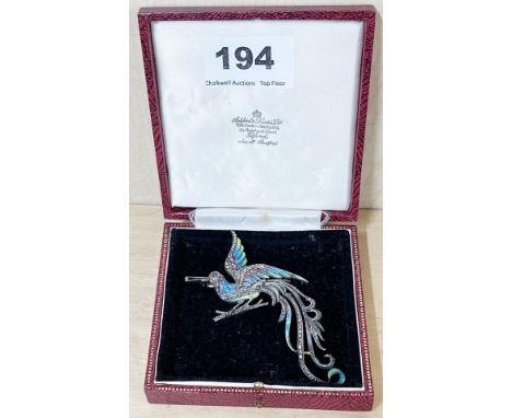 A lovely large vintage hallmarked silver enamel and marquisite bird of paradise brooch, L. 9cm.