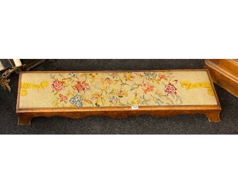 An early 19th century walnut veneered prayer stool, 118 x 18cm, with 1954 handmade tapestry cover.