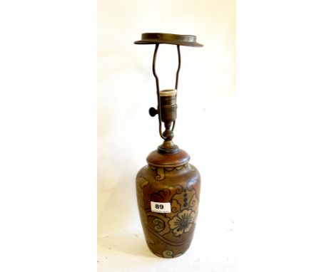 A lovely Bornholm pottery lamp base circa 1930, decorated with cockatoos, H. 43cm (with shade frame).