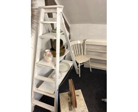 A painted vintage step ladder display stand (H. 168cm) together with a painted Victorian chair and bookcase.