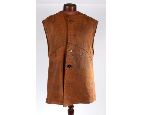 Second World War British army leather Jerkin, blanket lining with label (well worn, mainly illegible), white triangle painted